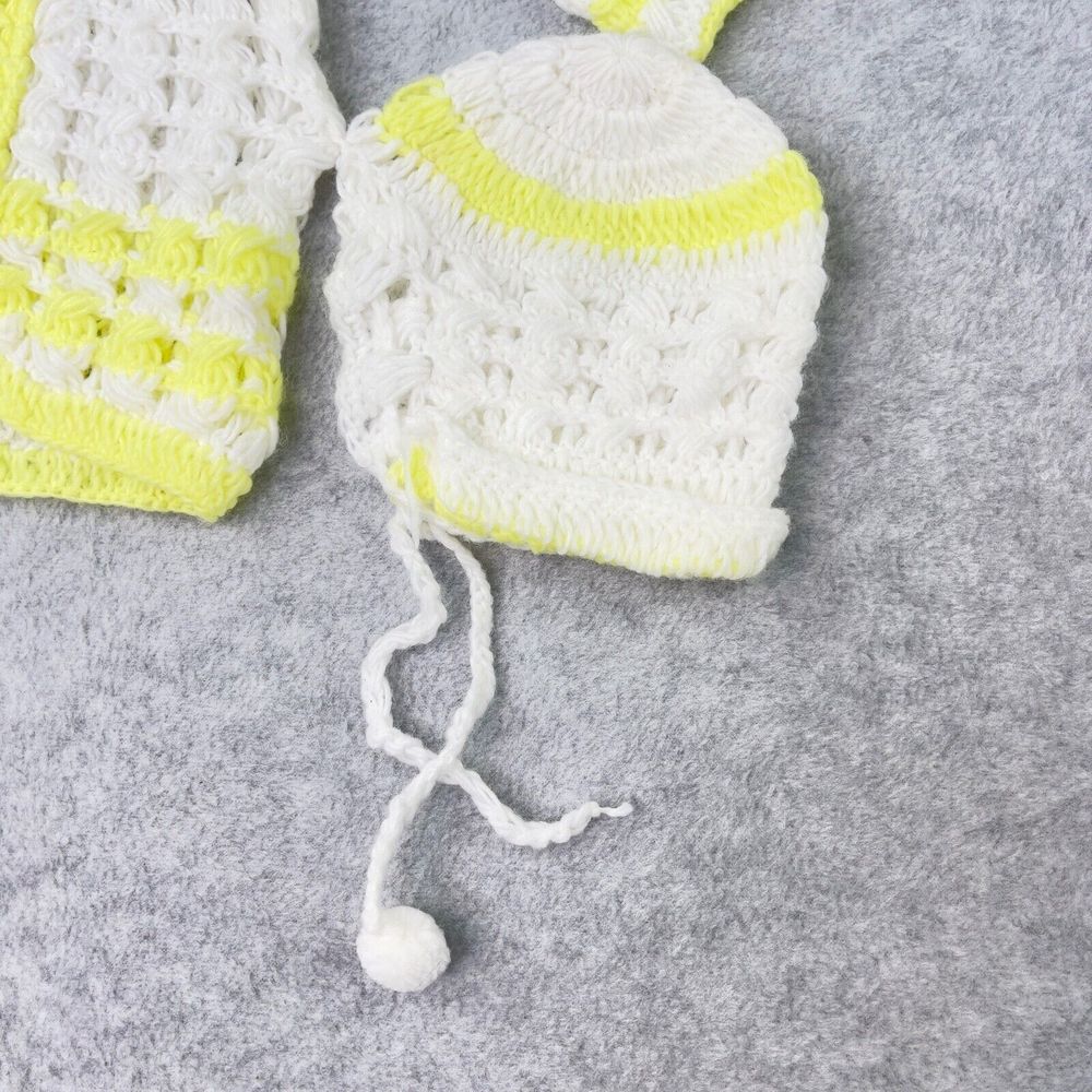 Vintage Handmade Yellow White Knit Baby Set Outfit Dress  Booties Bonnet Doll - Picture 3 of 14